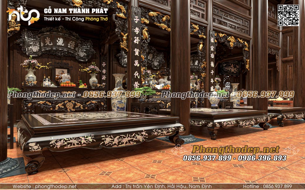 Đồ thờ trong nhà gỗ 5 gian khảm ốc lung linh, sang trọng